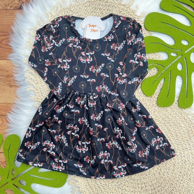  Vestido Manga Longa Malha Térmica com Flores Coloridas - Marinho